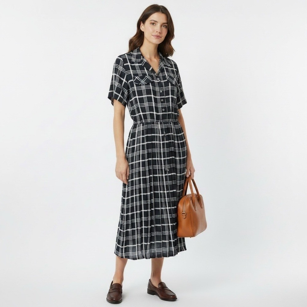 Vintage Plaid Pleated Midi Dress 10 Black White made in USA Academia Modest